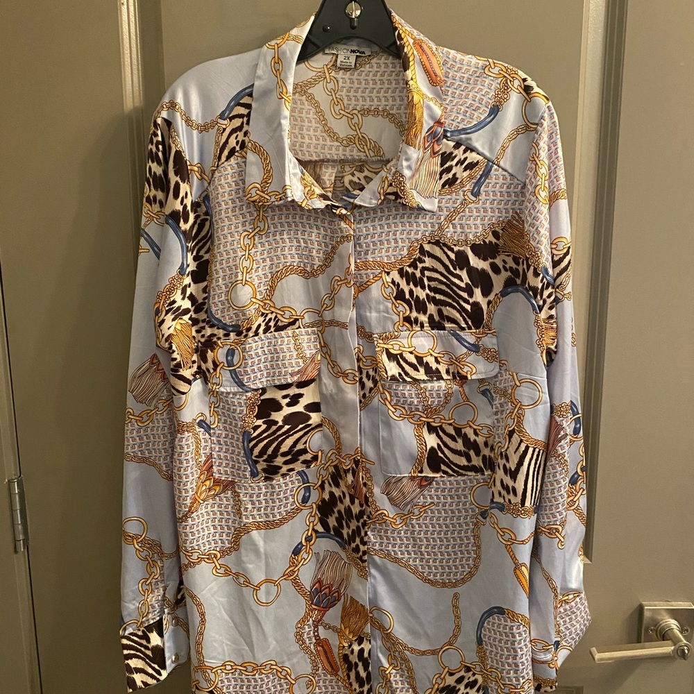 Fashion Nova Satin Light Blue Chain Link Print Blouse